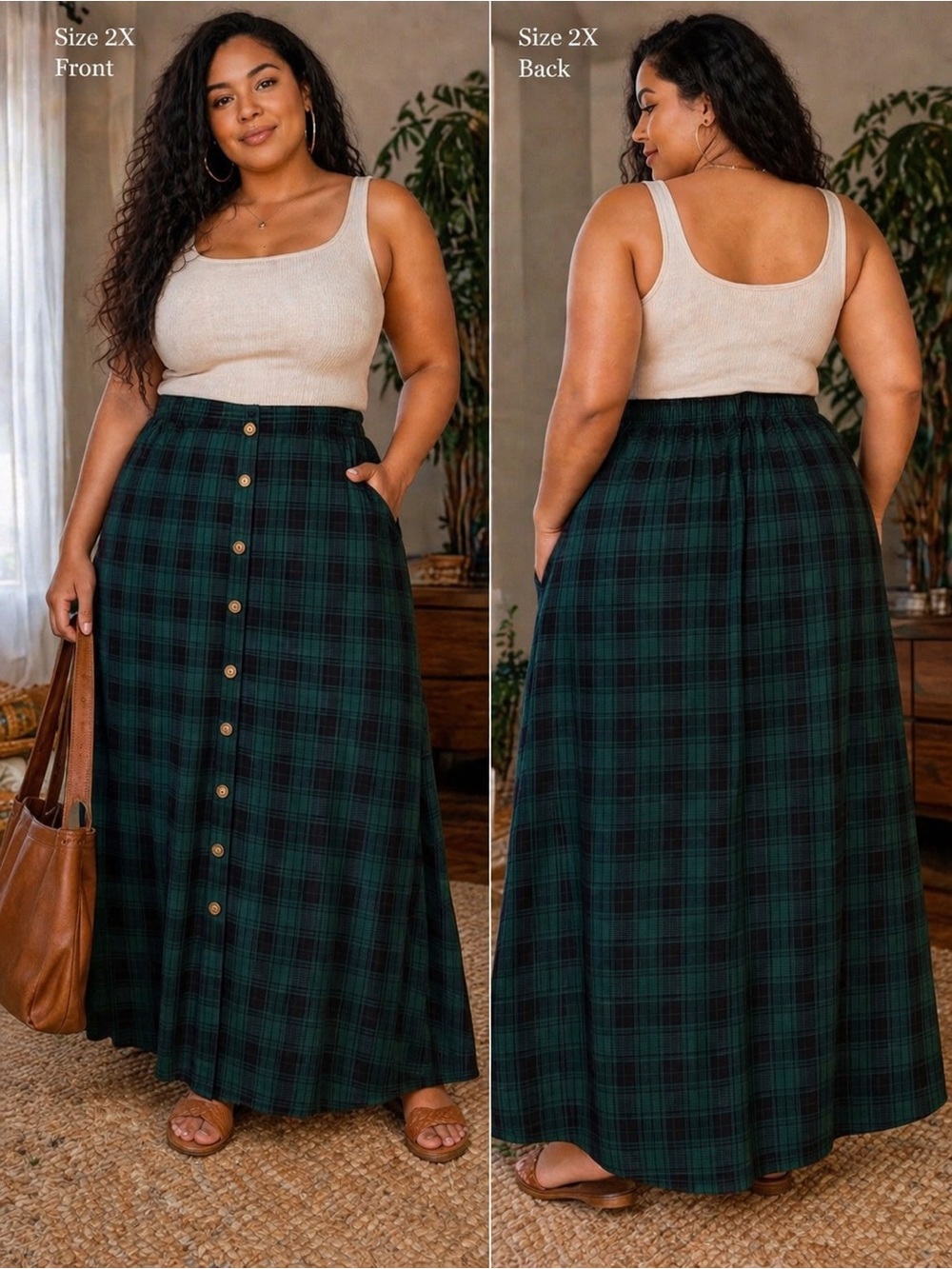 Plus Size 2X Cottagecore High Waist Dark Green Plaid Button-Front Maxi Skirt